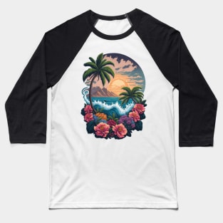 Tropical Paradise Sunset - Vibrant Colors, Palm Trees, and Tranquil Waves Baseball T-Shirt